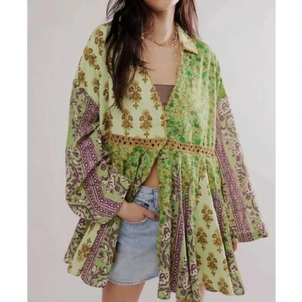 Free People Boho Patchwork Print Babydoll Tunic Top Size XS